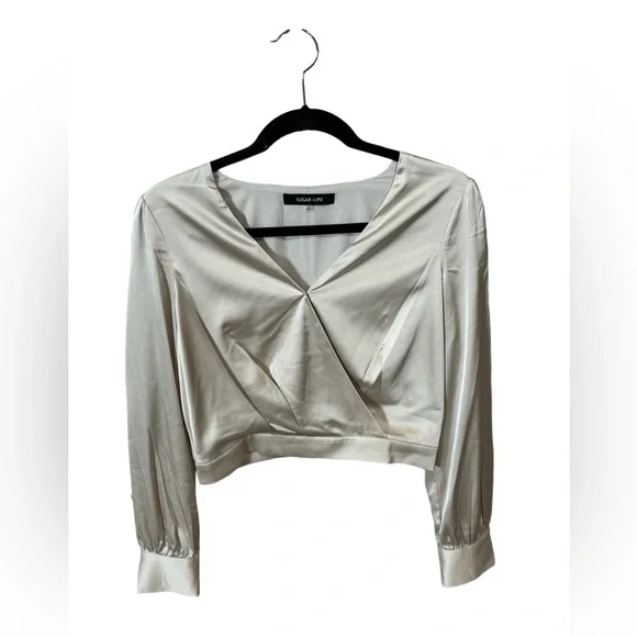 Long Sleeve Surplice Crop Top, Blouse, Size Small, Champagne, V-neck, Satin - Picture 4 of 9